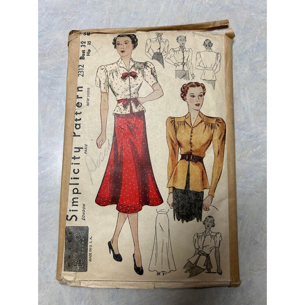 Vintage 1930's Simplicity Pattern #2312 Women's Blouse and Skirt Size 32